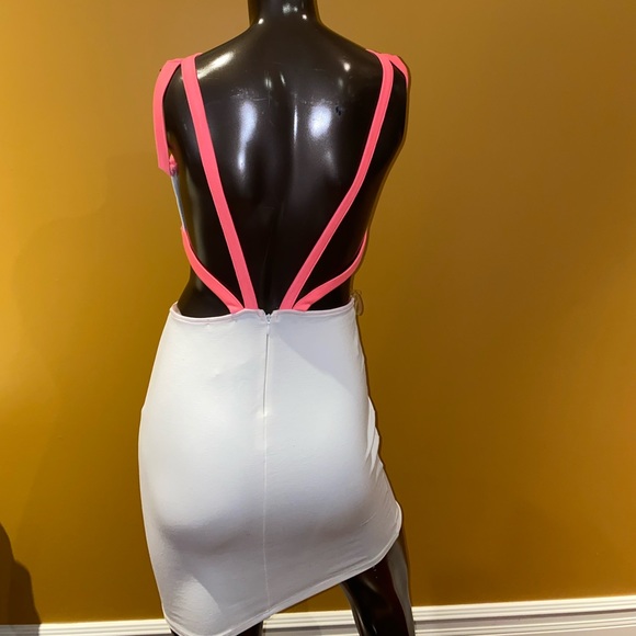 Cut out front, open back white mini dress with neon details - Picture 2 of 5